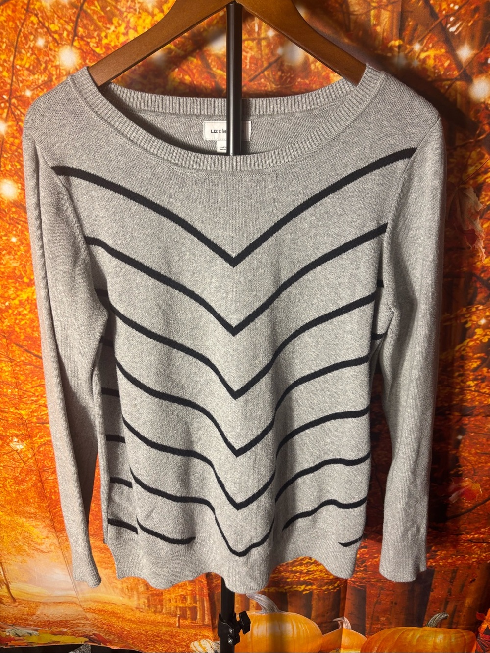 Liz Claiborne Light Gray Boatneck Chevron Stripe Sweater